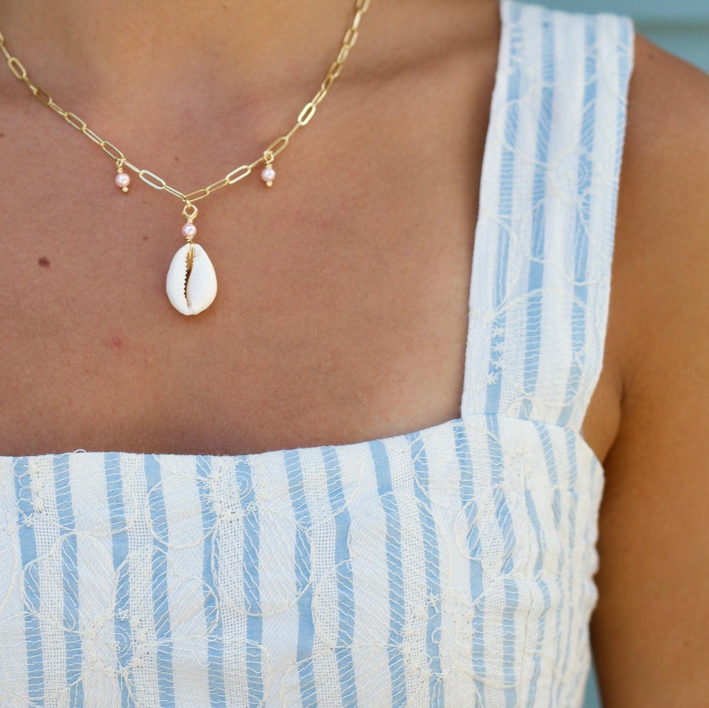 Gold Filled Mini Paperclip Cowrie Charm Necklace