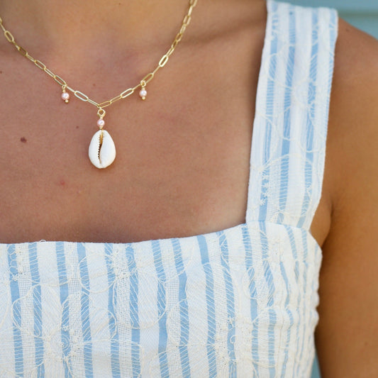 Gold Filled Mini Paperclip Cowrie Charm Necklace